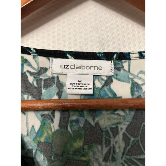 Liz Claiborne Black Green 3/4 Sleeve Blouse Abstract Print Front Tassel Size Med - Picture 5 of 9